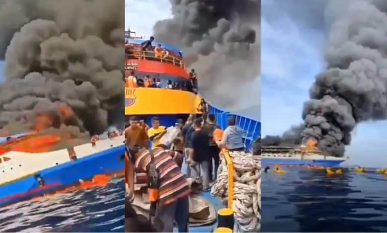 مأساة بحرية بإندونيسيا.. حريق على متن عبّارة يخلف قتلى ويجبر المئات على القفز في البحر 1 مأساة بحرية بإندونيسيا.. حريق على متن عبّارة يخلف قتلى ويجبر المئات على القفز في البحر